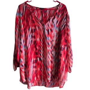 Sami & Jo Artsy Roll Tab Sleeve Blouse Sheer Geometric Office Women Plus 2X